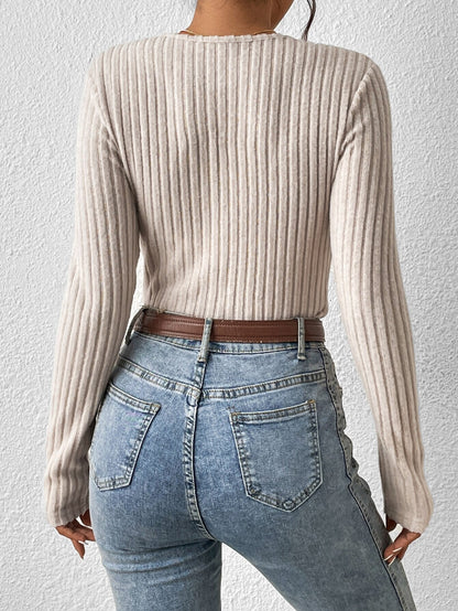 Surplice V-Neck Ribbed Knit Top with Long Sleeves