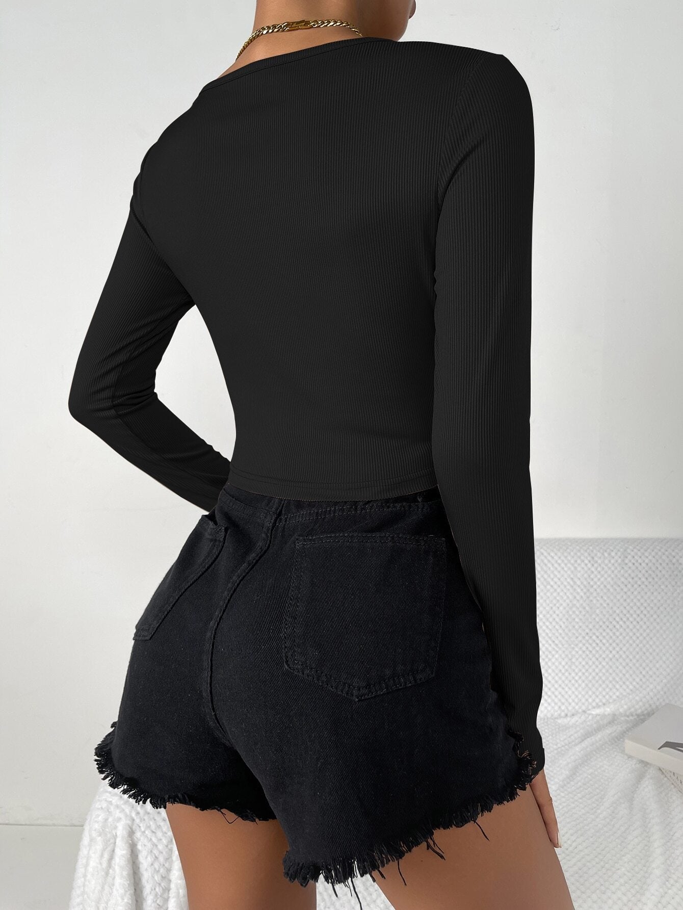 Twist Front Deep V-Neck Ribbed Long Sleeve Top
