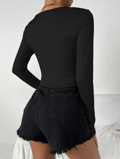 Twist Front Deep V-Neck Ribbed Long Sleeve Top