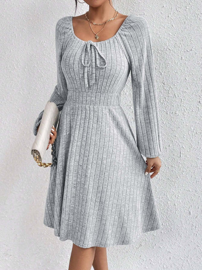 Ribbed Knit A-Line Dress with Tie-Front and Long Sleeves