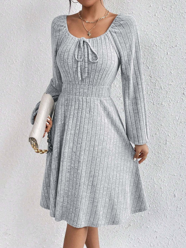 Ribbed Knit A-Line Dress with Tie-Front and Long Sleeves