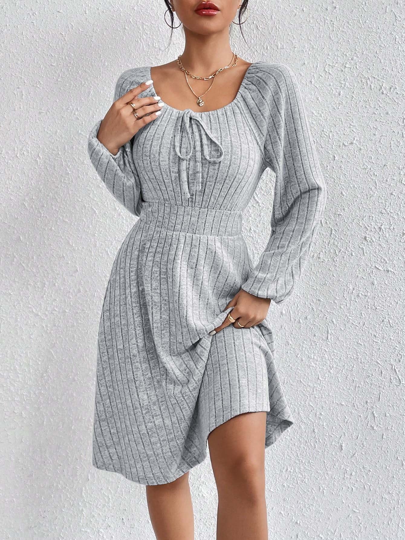 Ribbed Knit A-Line Dress with Tie-Front and Long Sleeves