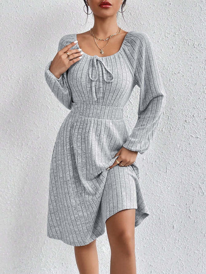 Ribbed Knit A-Line Dress with Tie-Front and Long Sleeves