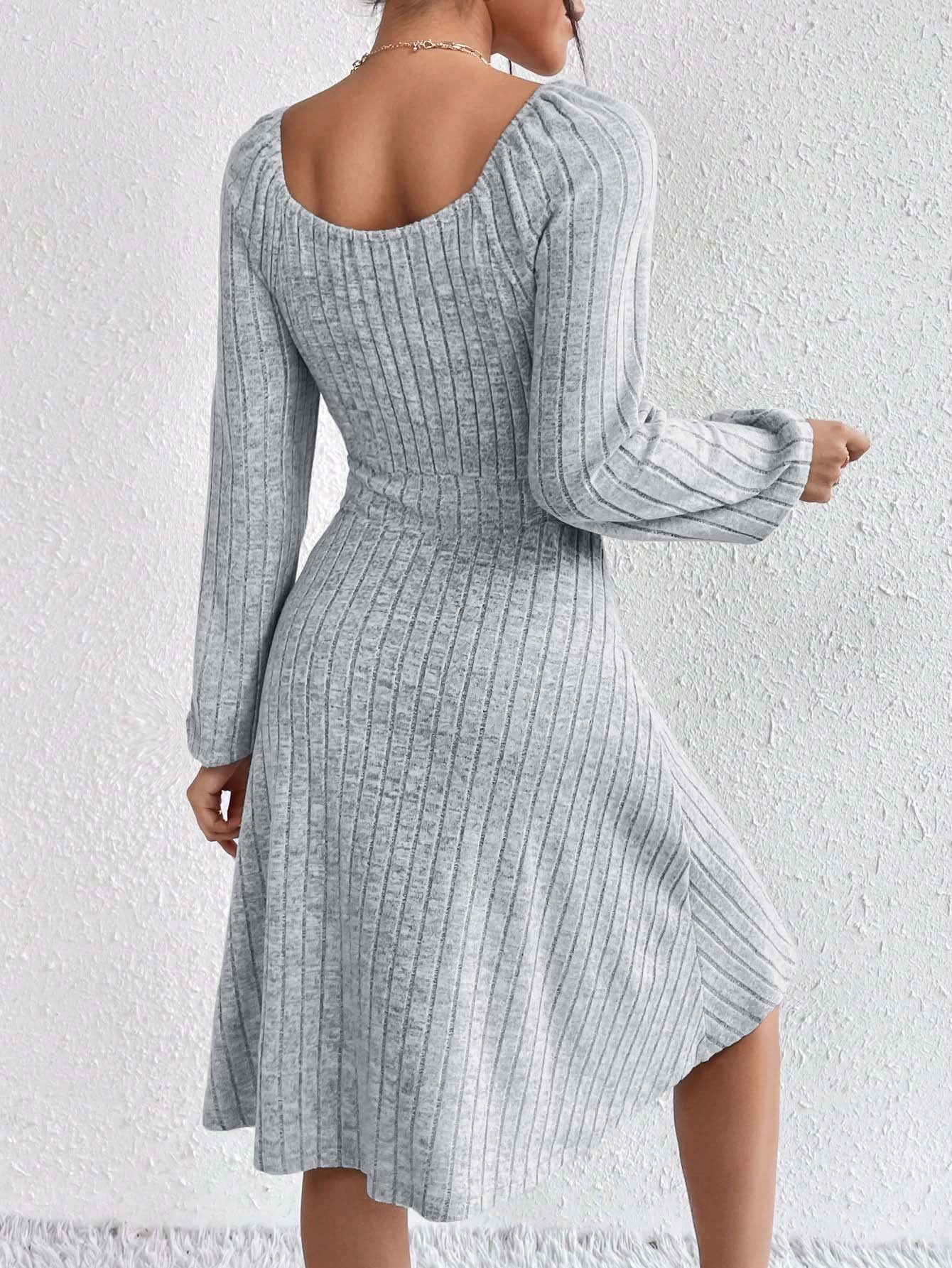Ribbed Knit A-Line Dress with Tie-Front and Long Sleeves