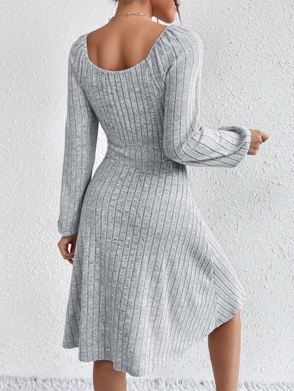 Ribbed Knit A-Line Dress with Tie-Front and Long Sleeves