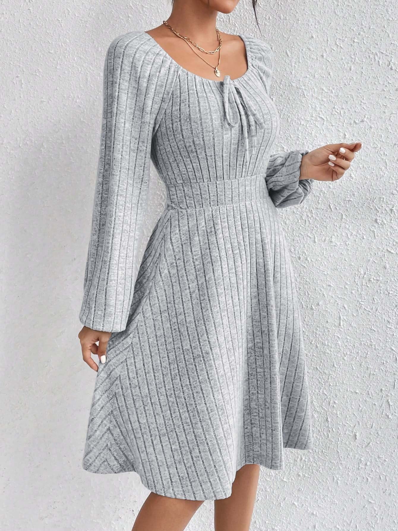 Ribbed Knit A-Line Dress with Tie-Front and Long Sleeves