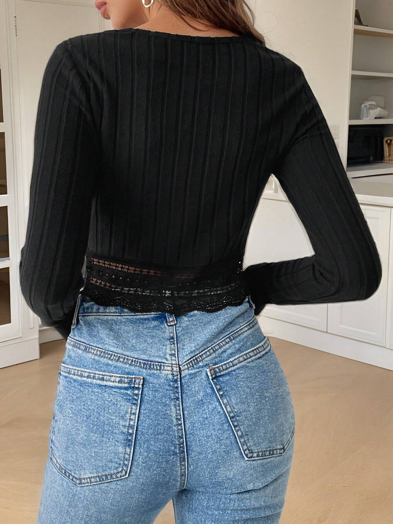 Slim Fit Ribbed Long Sleeve Crop Top with Lace Trim