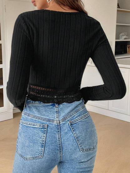 Slim Fit Ribbed Long Sleeve Crop Top with Lace Trim