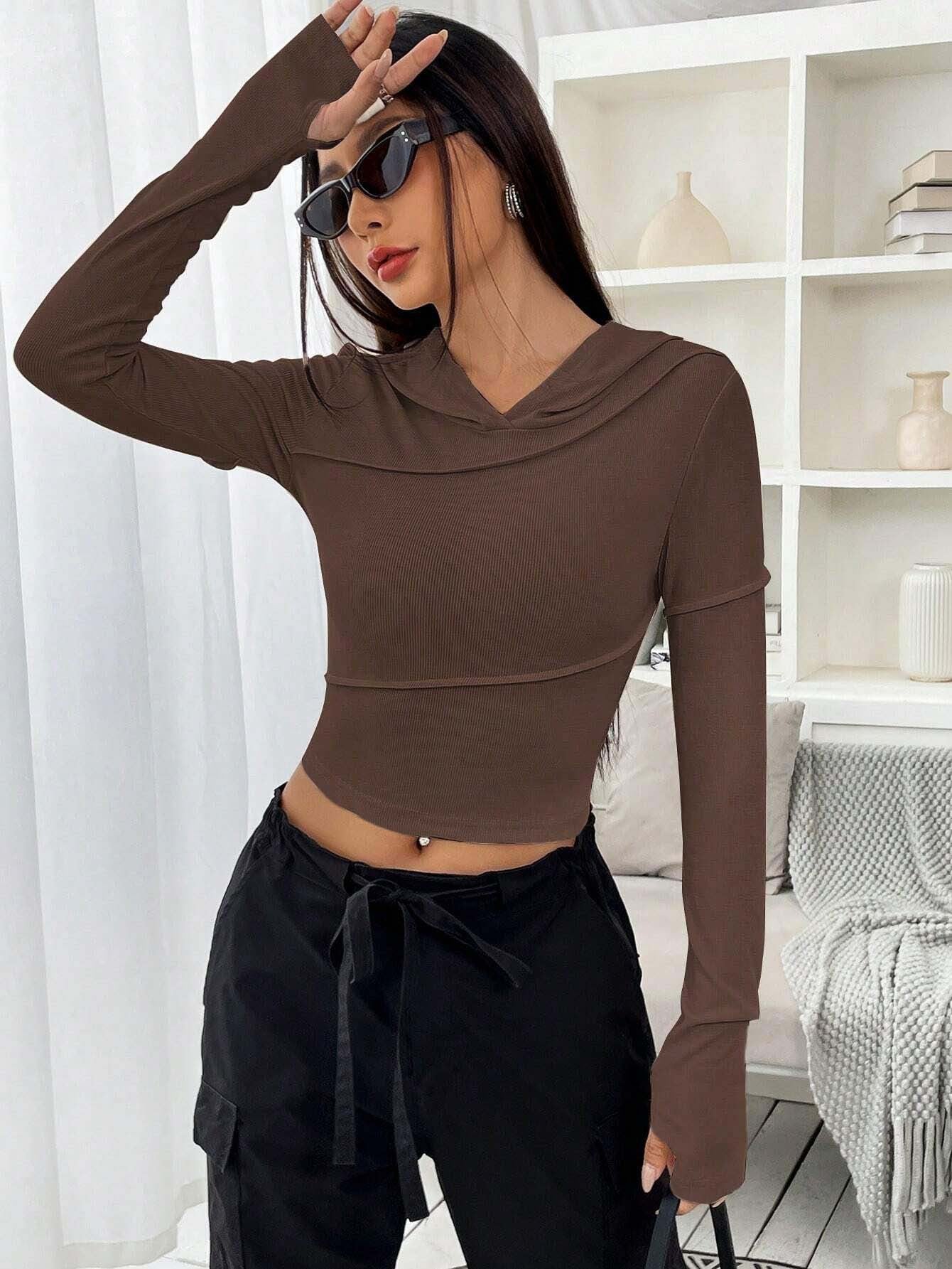 Slim Fit Ribbed Knit Hoodie with Exposed Seam Detail
