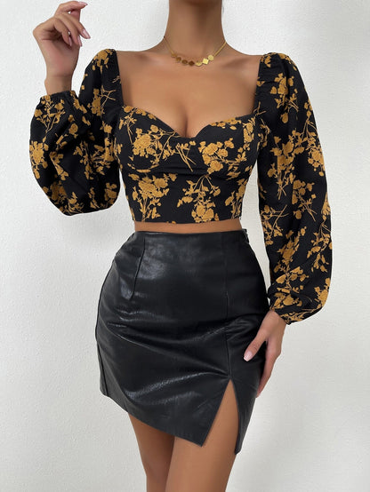 Floral Print Sweetheart Neck Crop Top with Puff Sleeves