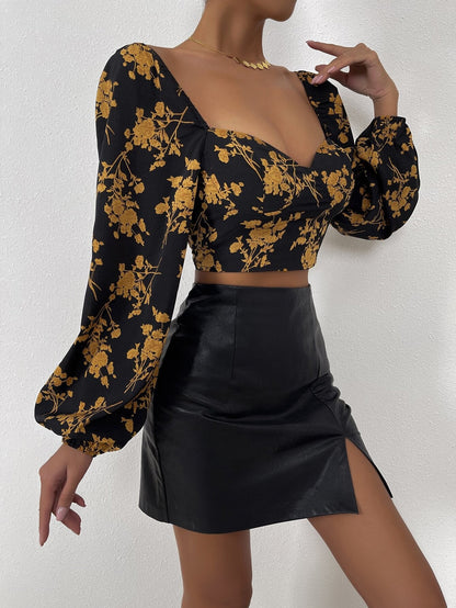 Floral Print Sweetheart Neck Crop Top with Puff Sleeves