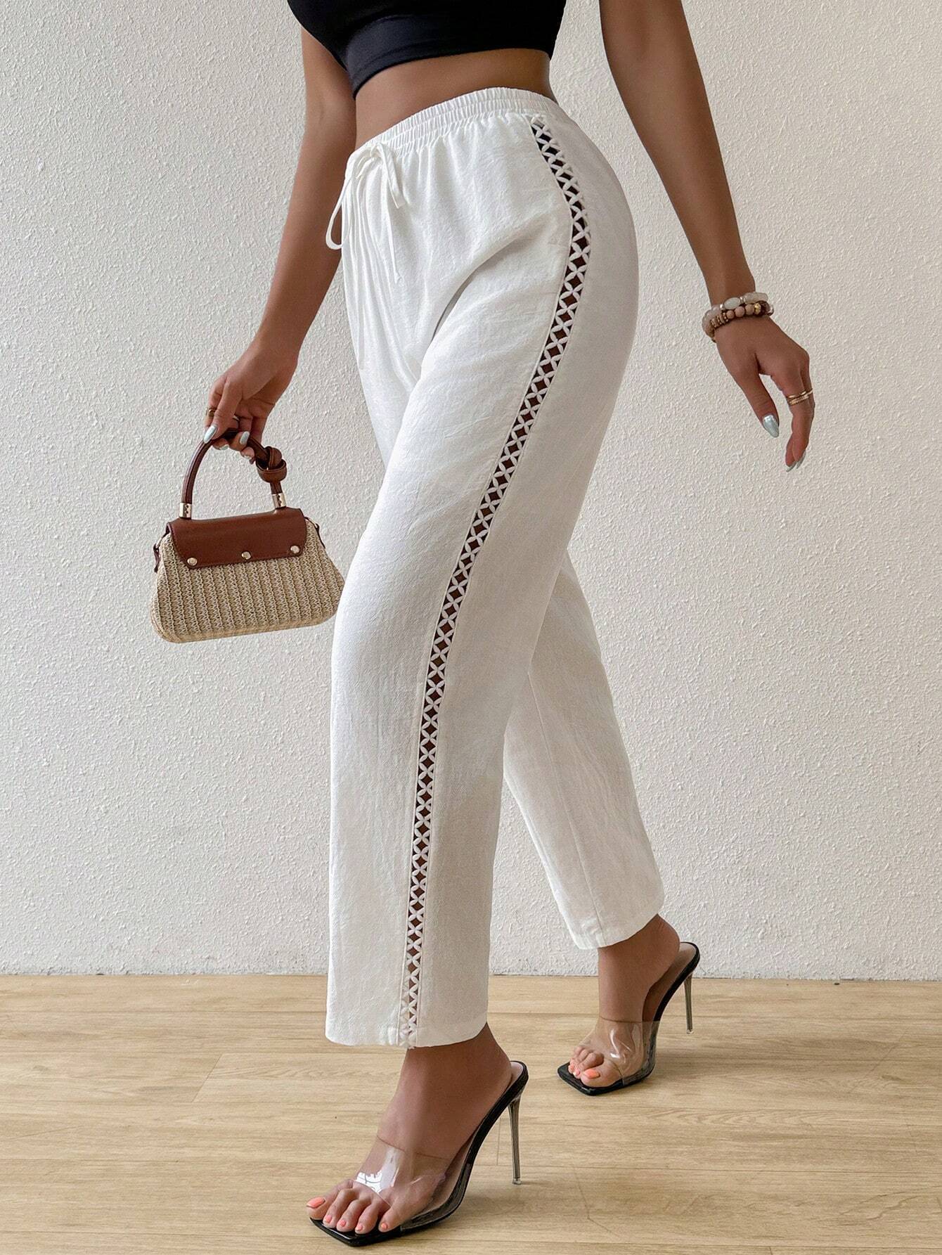 Straight-Leg Cropped Pants with Lattice Side Detail