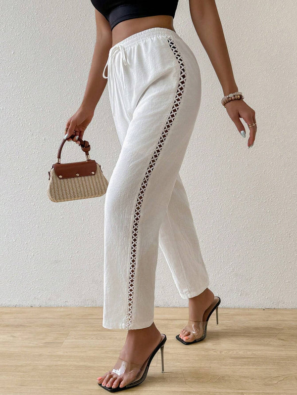 Straight-Leg Cropped Pants with Lattice Side Detail
