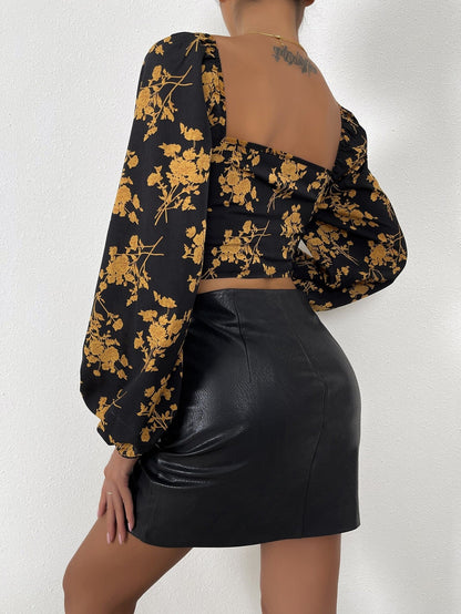 Floral Print Sweetheart Neck Crop Top with Puff Sleeves