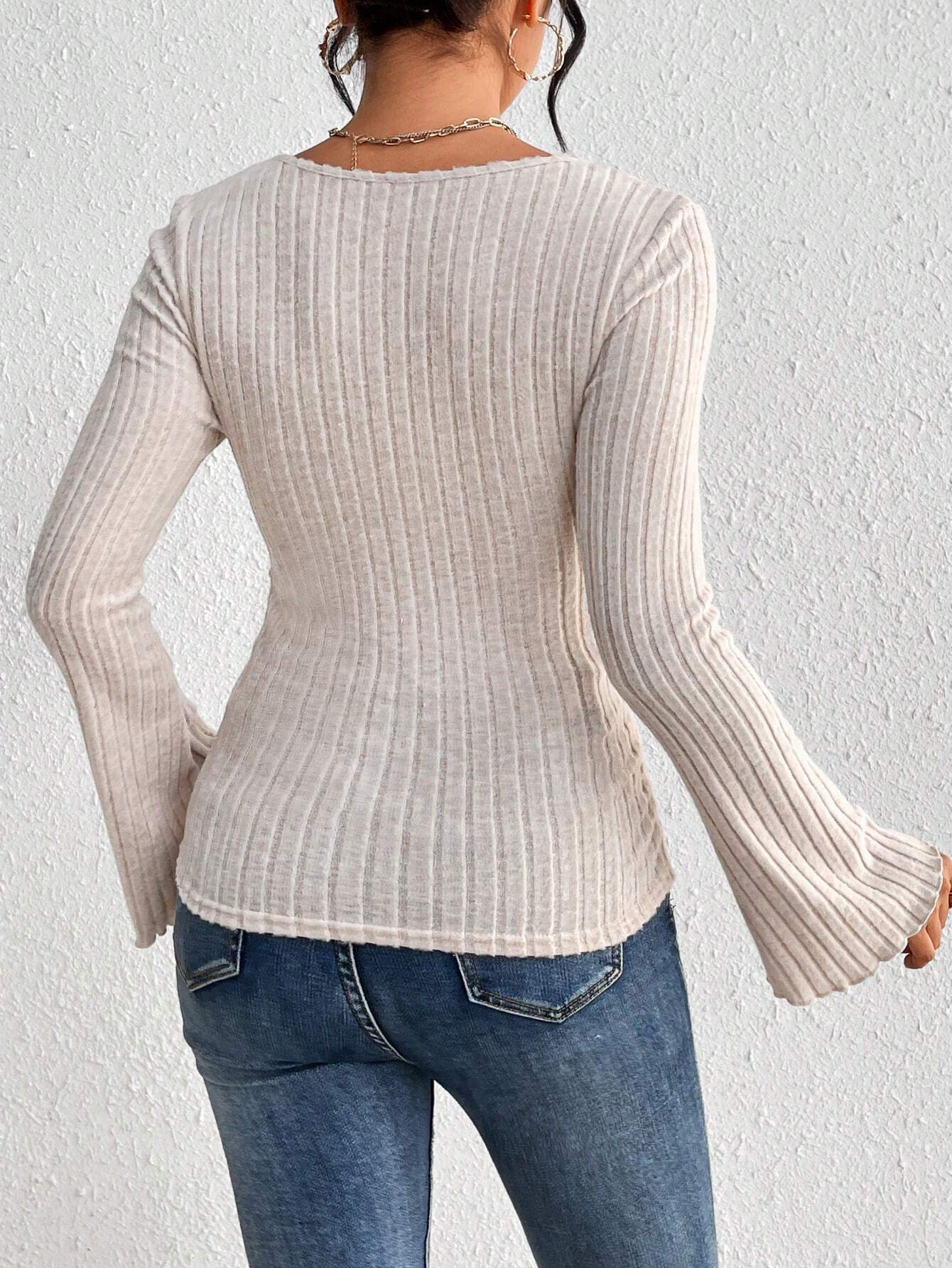Slim Fit Ribbed Top with Square Neck and Bell Sleeves
