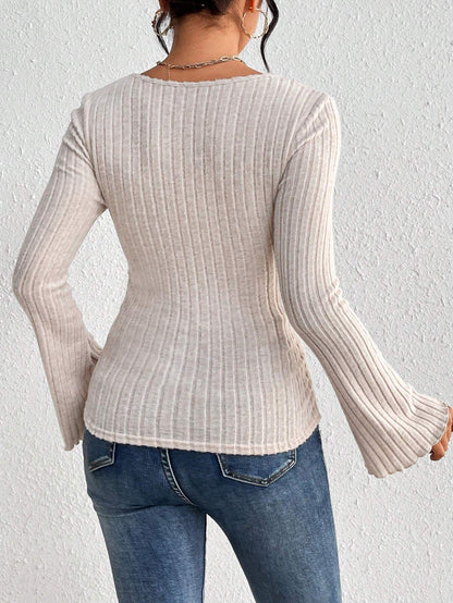 Slim Fit Ribbed Top with Square Neck and Bell Sleeves