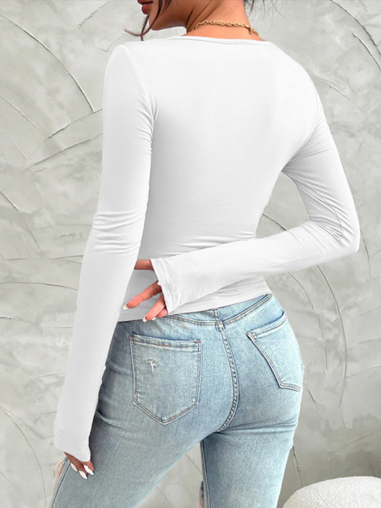 Slim-Fit V-Neck Long Sleeve Top in Brushed Milk Silk