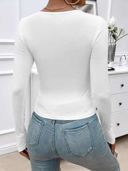 Slim-Fit V-Neck Long Sleeve Top in Brushed Milk Silk