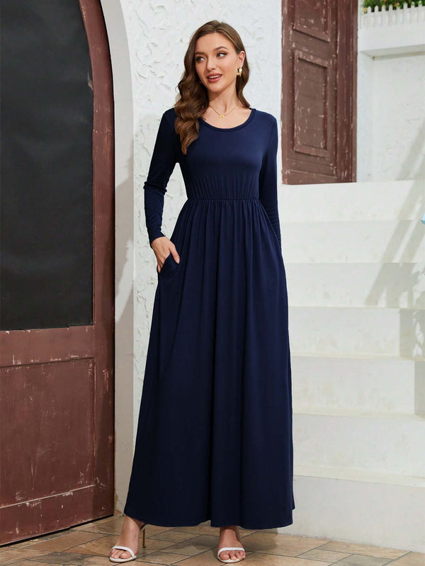 High-Waisted A-Line Maxi Dress with Long Sleeves and Pockets