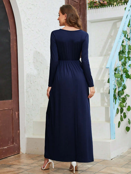 High-Waisted A-Line Maxi Dress with Long Sleeves and Pockets