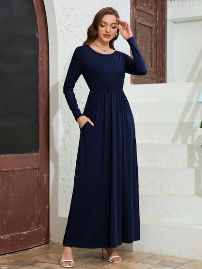 High-Waisted A-Line Maxi Dress with Long Sleeves and Pockets