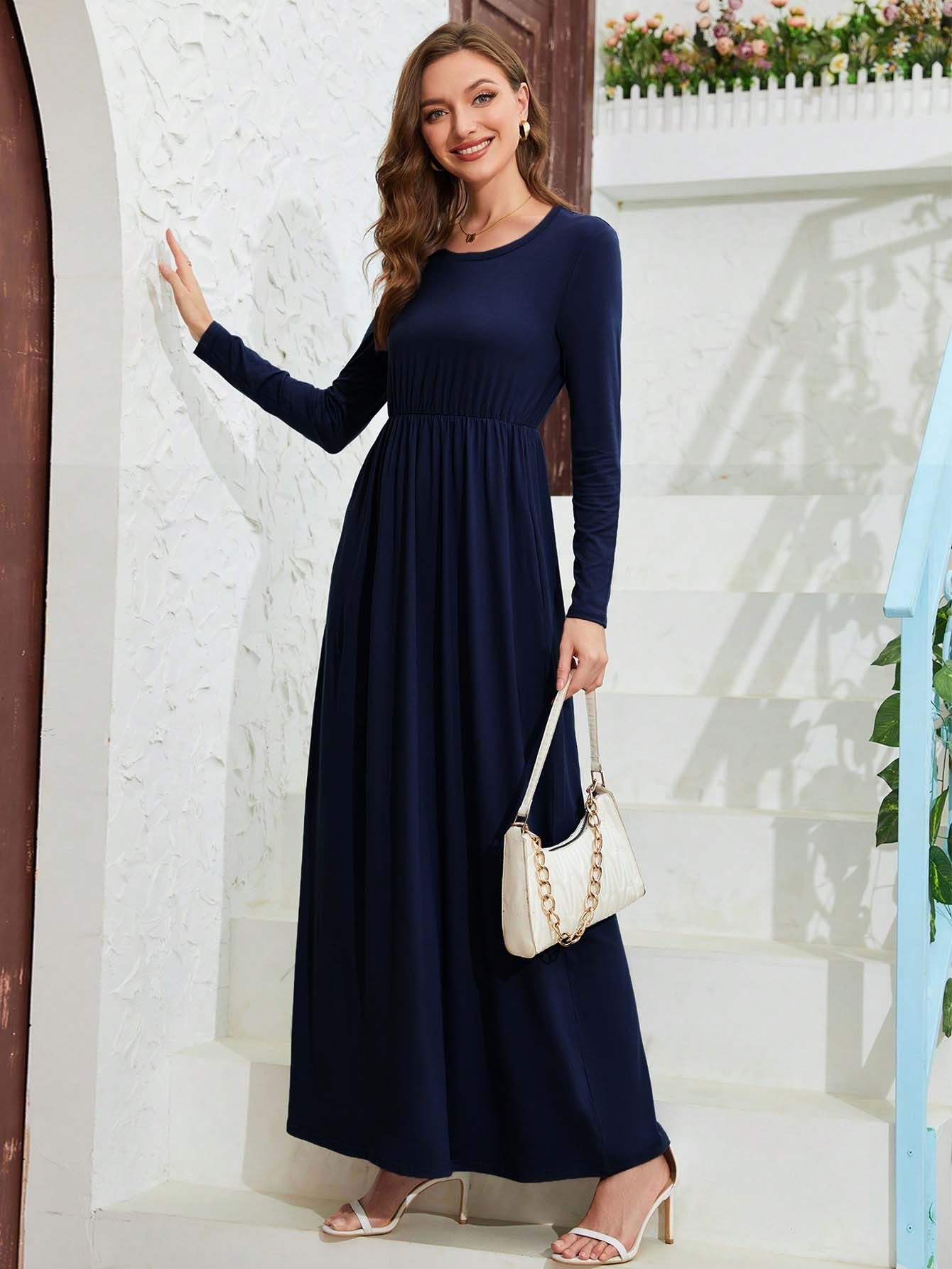 High-Waisted A-Line Maxi Dress with Long Sleeves and Pockets
