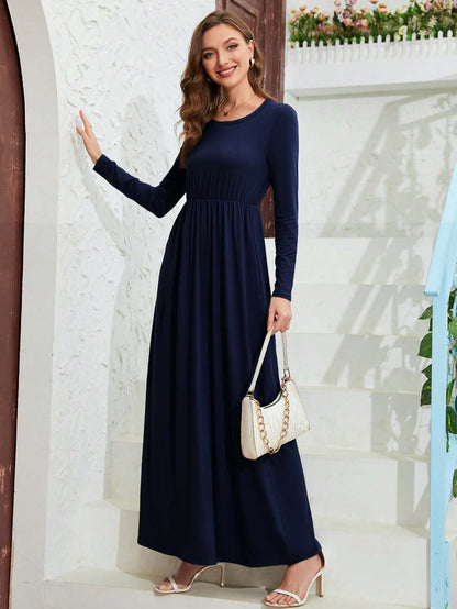 High-Waisted A-Line Maxi Dress with Long Sleeves and Pockets