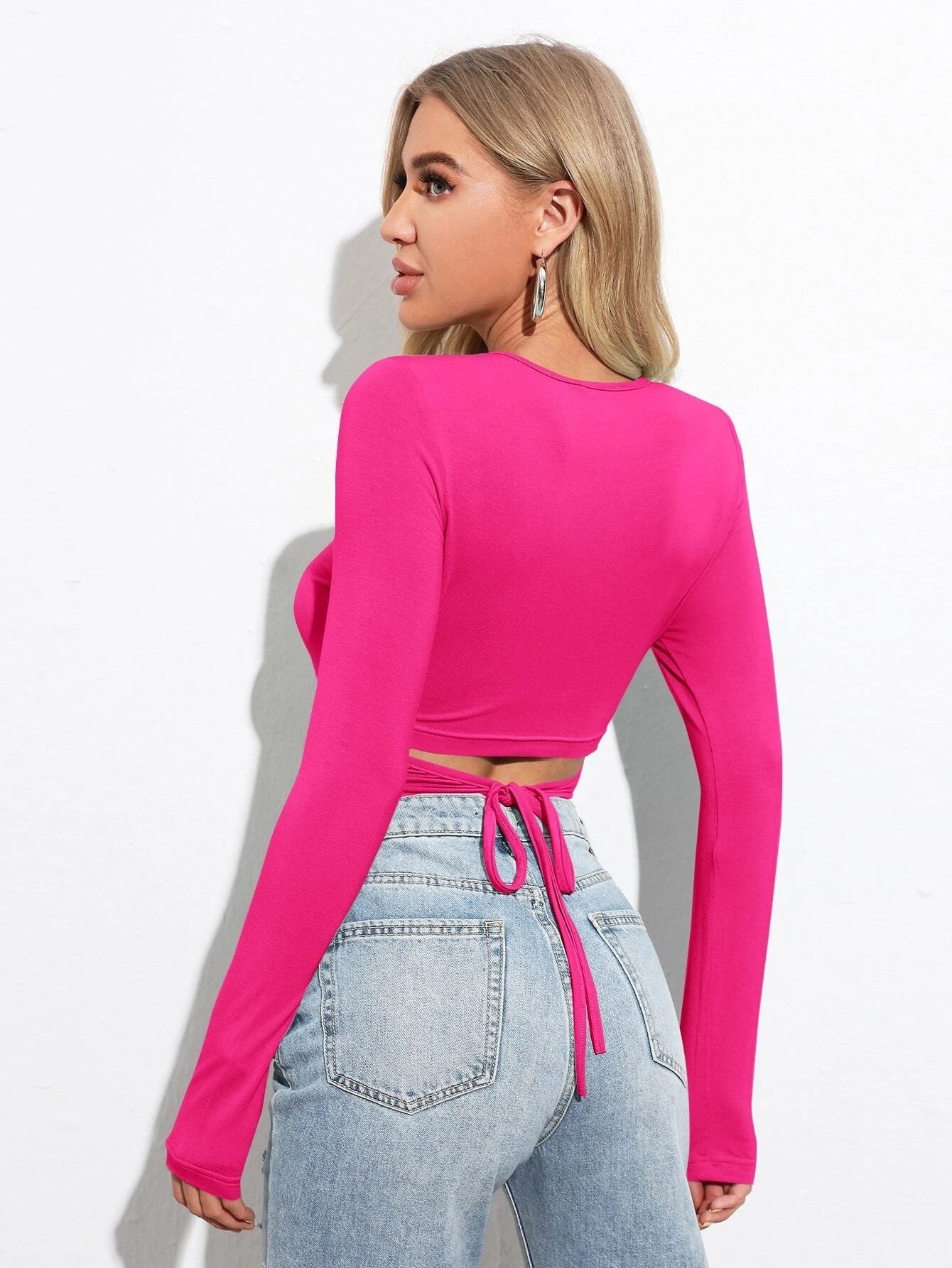 Fitted Long Sleeve Crop Top with U-Neck and Lace-Up Detail