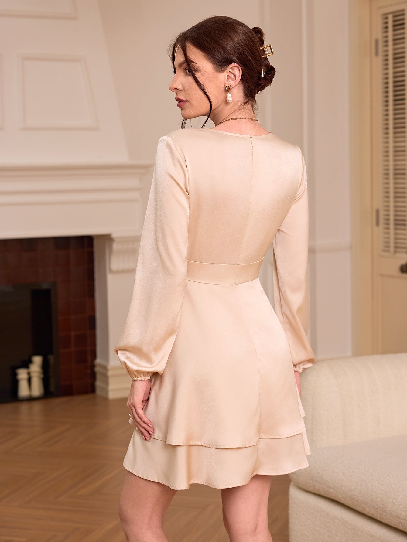 A-Line Mini Dress with V-Neck and Layered Pleated Skirt