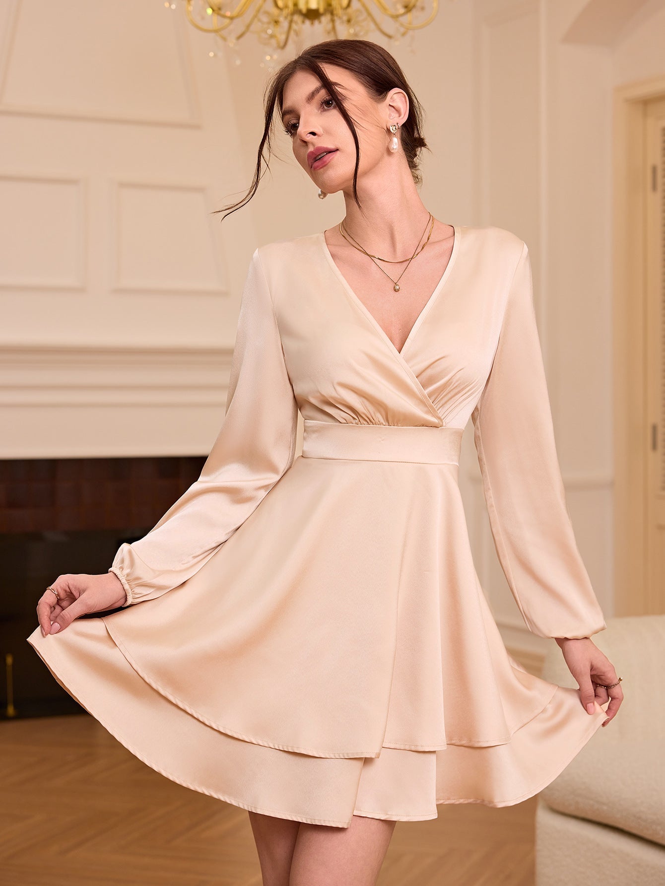 A-Line Mini Dress with V-Neck and Layered Pleated Skirt