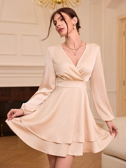 A-Line Mini Dress with V-Neck and Layered Pleated Skirt
