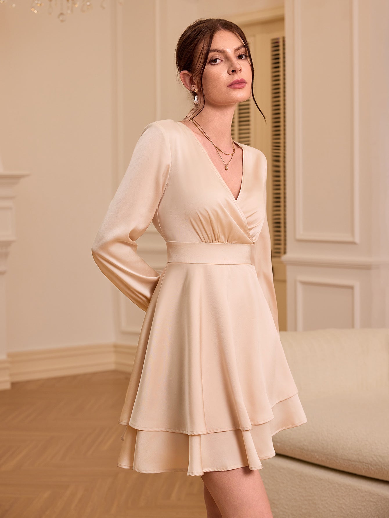 A-Line Mini Dress with V-Neck and Layered Pleated Skirt