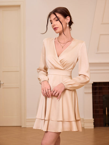 A-Line Mini Dress with V-Neck and Layered Pleated Skirt