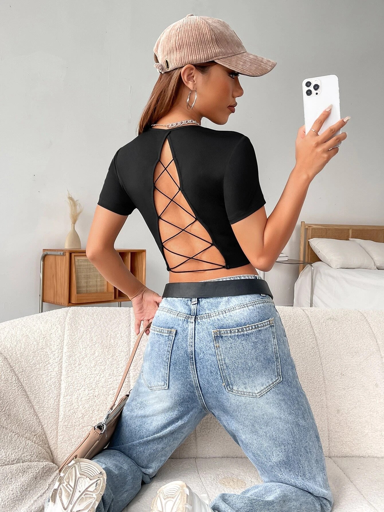 Ribbed Knit Crop Top with Backless Lace-Up Detail