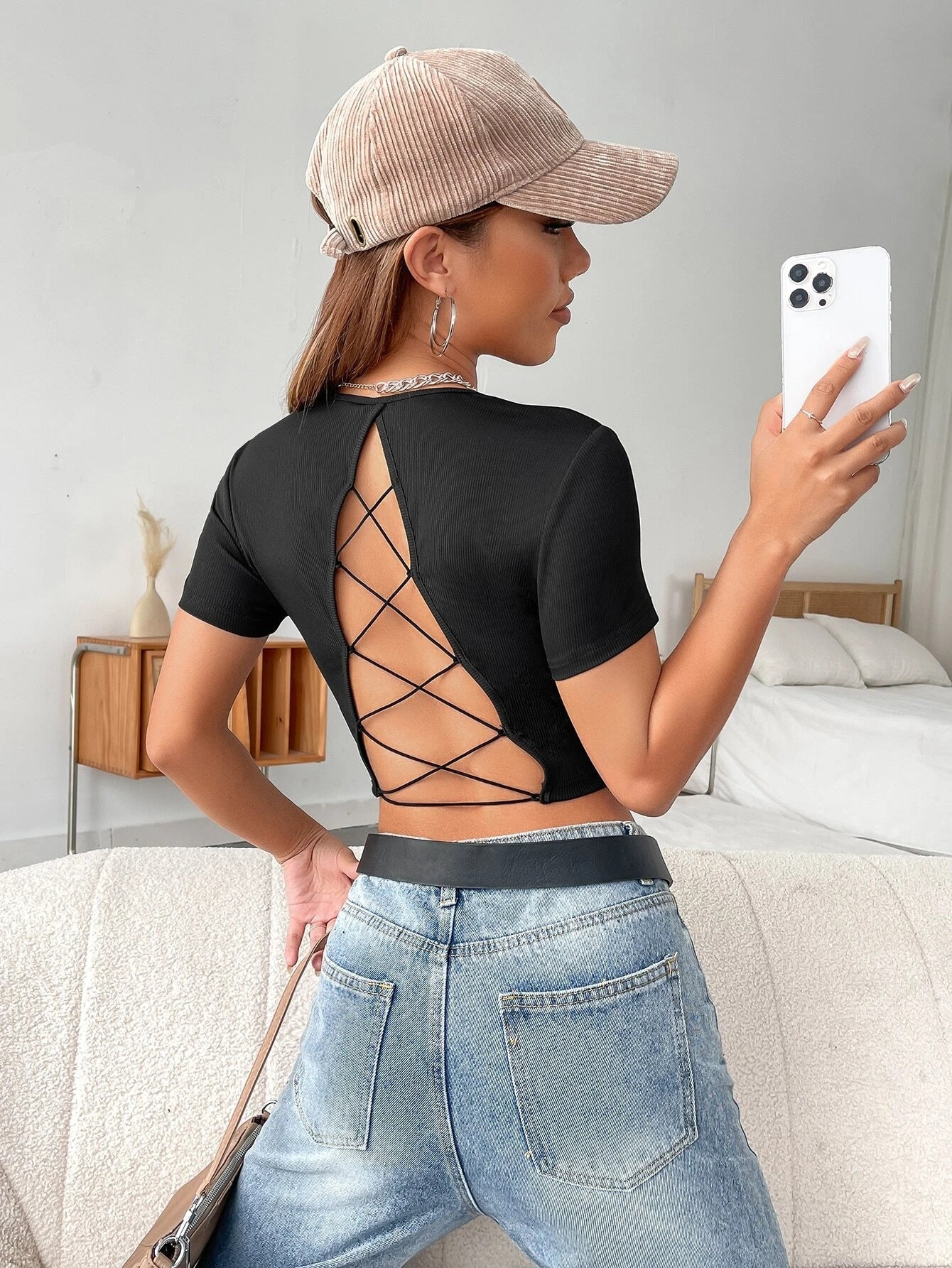 Ribbed Knit Crop Top with Backless Lace-Up Detail