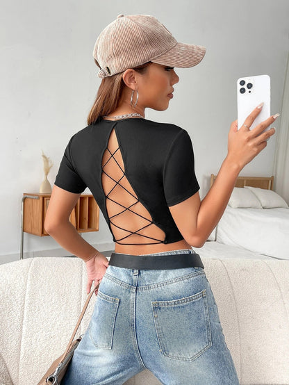 Ribbed Knit Crop Top with Backless Lace-Up Detail