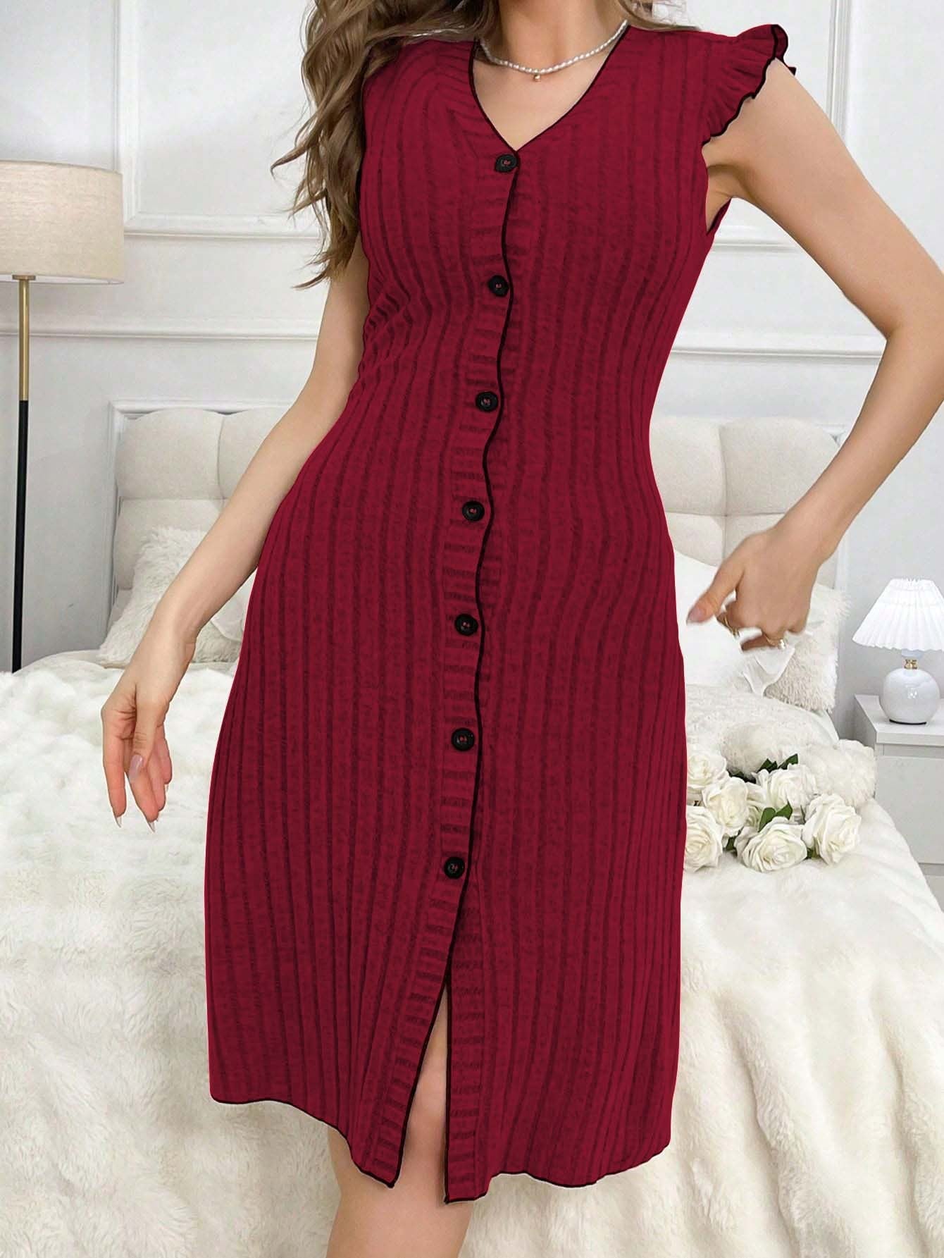 Ribbed Knit Midi Dress with Button Front and Ruffle Sleeves