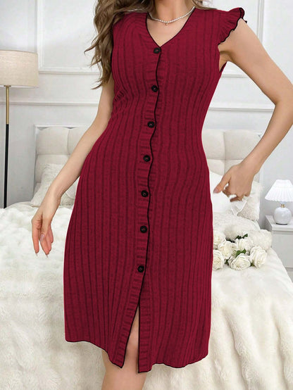 Ribbed Knit Midi Dress with Button Front and Ruffle Sleeves