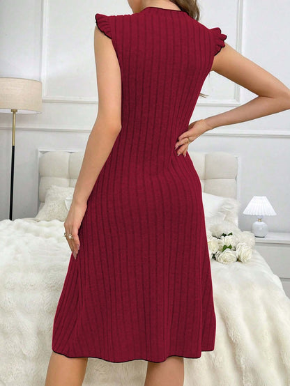 Ribbed Knit Midi Dress with Button Front and Ruffle Sleeves