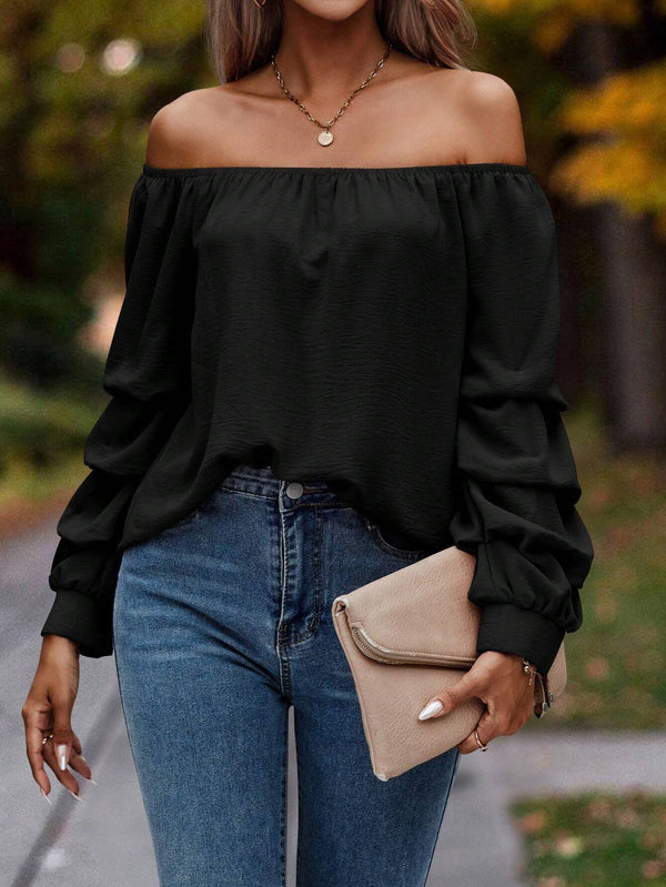 Off-Shoulder Long Sleeve Top with Tiered Ruffle Sleeves