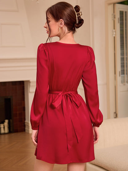 Satin A-Line Mini Dress with V-Neck and Tie-Back Waist