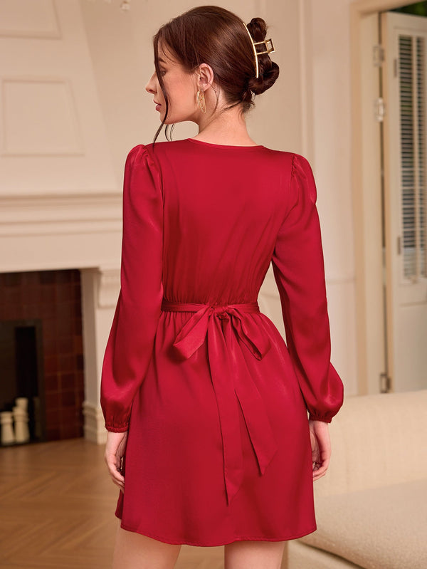 Satin A-Line Mini Dress with V-Neck and Tie-Back Waist