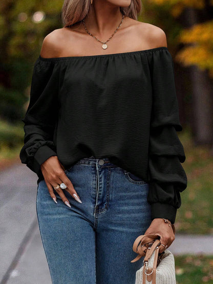 Off-Shoulder Long Sleeve Top with Tiered Ruffle Sleeves