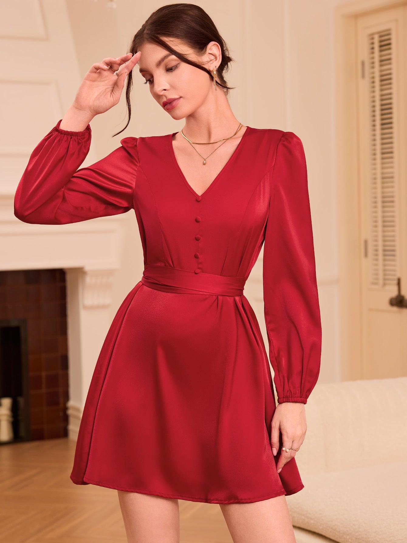 Satin A-Line Mini Dress with V-Neck and Tie-Back Waist