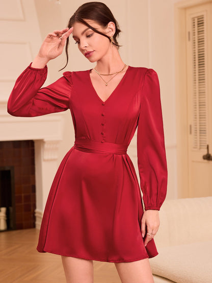 Satin A-Line Mini Dress with V-Neck and Tie-Back Waist