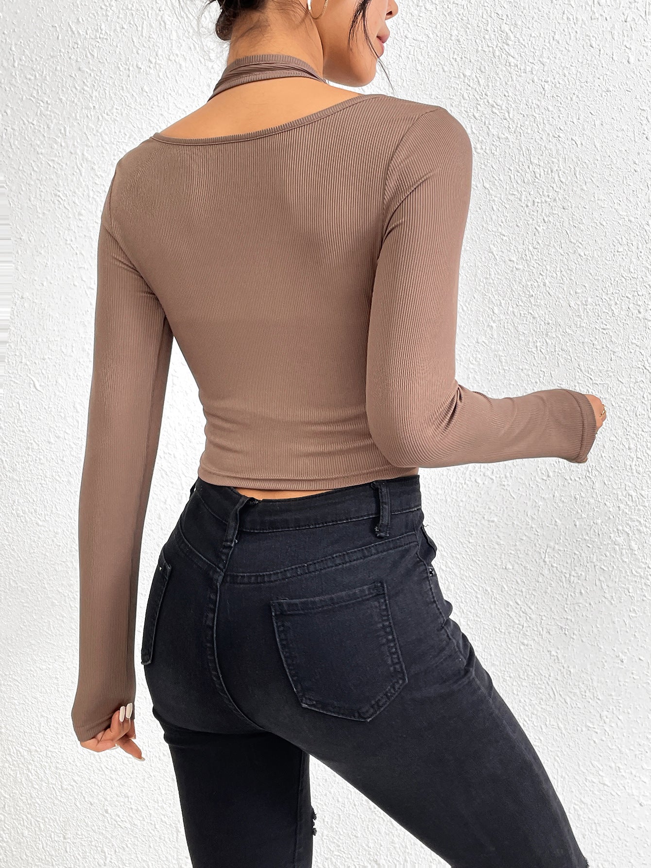 Slim Fit Long Sleeve Top with Halter Neck and Contrast Stitching