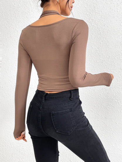 Slim Fit Long Sleeve Top with Halter Neck and Contrast Stitching