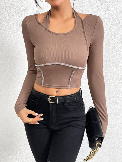 Slim Fit Long Sleeve Top with Halter Neck and Contrast Stitching