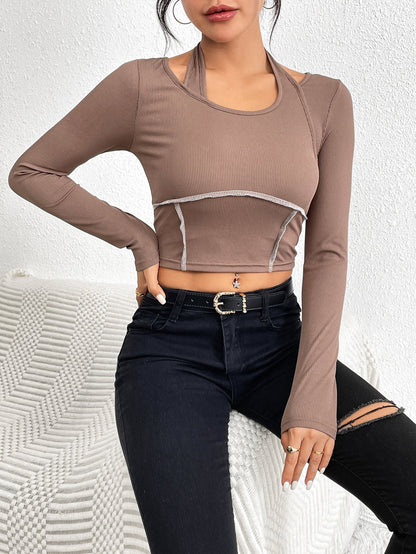 Slim Fit Long Sleeve Top with Halter Neck and Contrast Stitching