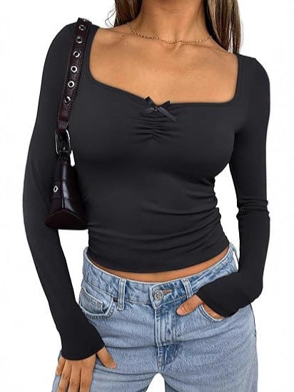 Slim Fit Square Neck Long Sleeve Top with Ruched Bow Detail